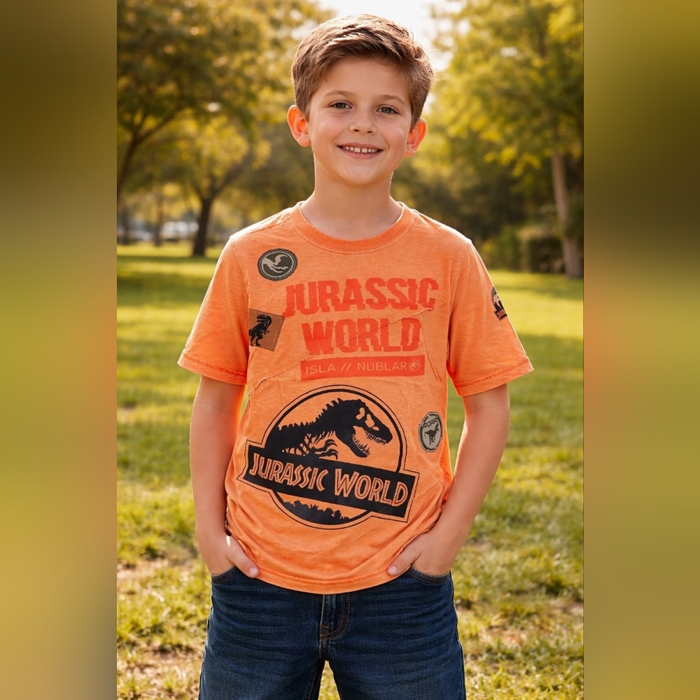Jurassic World Isla Nublar Graphic T-Shirt Youth Medium Orange Dinosaur Tee